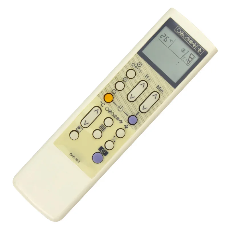 Close-up of Hitachi RAR-3U4 remote control showing power, mode, temperature, and fan buttons