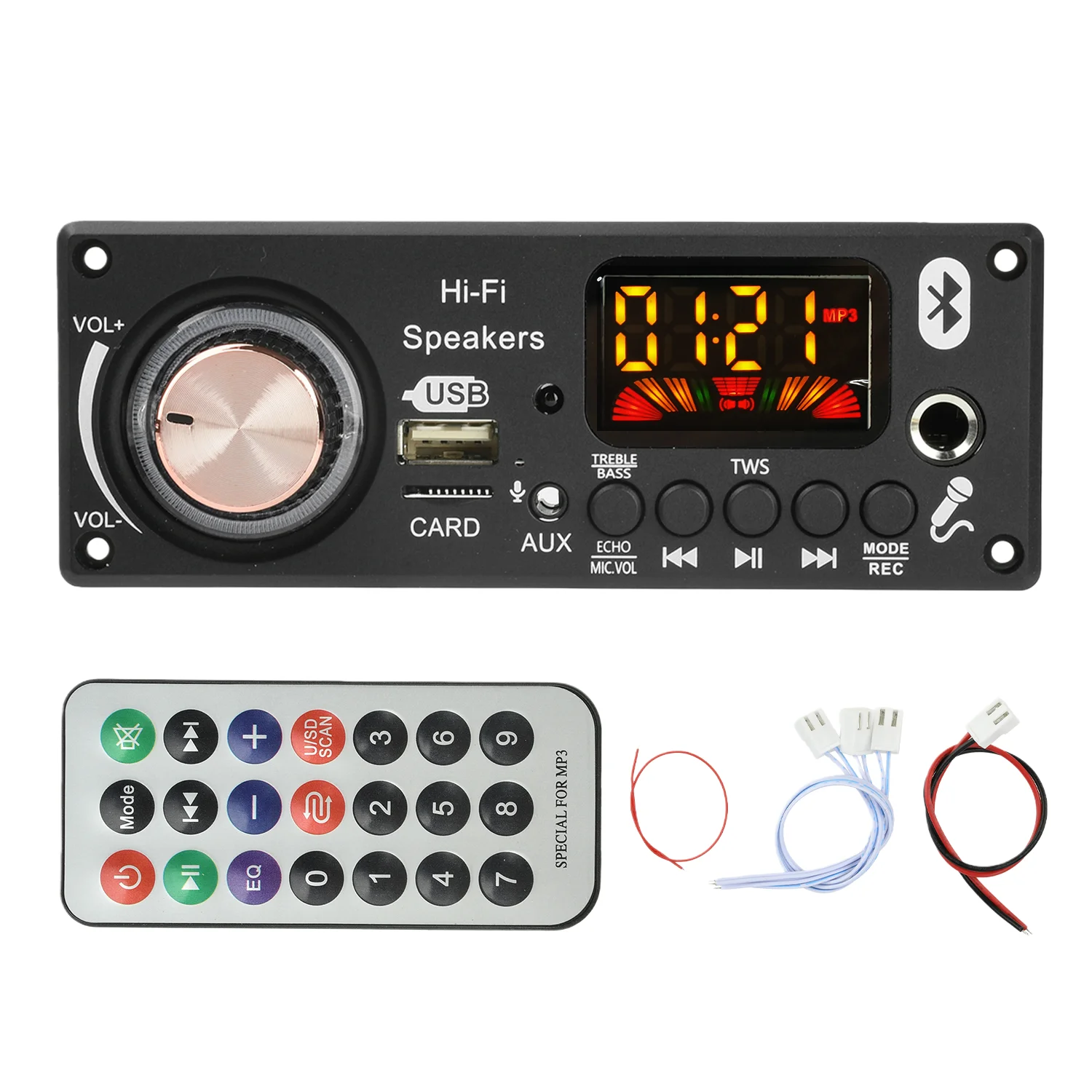 DFPlayer Mini module showing UART pins, power input, and microSD slot