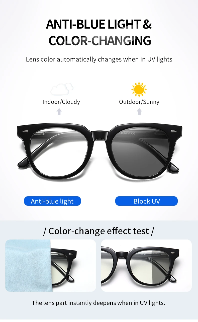 Factory Wholesale Photochromic Blue Light Blocking Glasses Lens Uv400 Protect Frames Eyewear