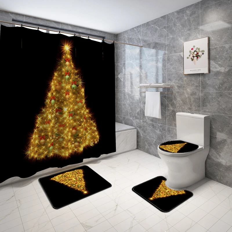 Christmas 3 pcs bathroom rug mat sets 1pc Printed Shower Curtain for Bathroom Decoration