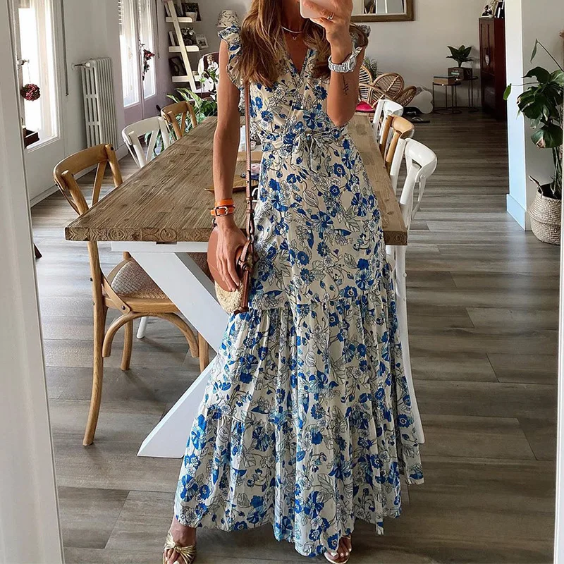 Beaurex Women's Casual Summer Maxi Dresses Loose Floral Bohemia Long Swing Dress Cotton Short Sleeve with Pockets DR6029 