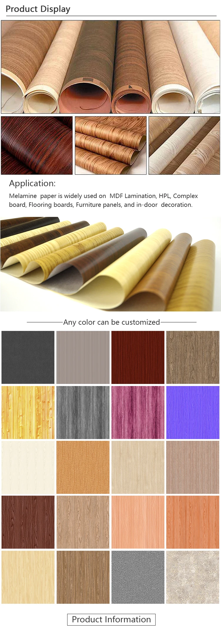 耐用的彩色浸渍线三聚氰胺用于门皮装饰木纹枫木三聚氰胺纸