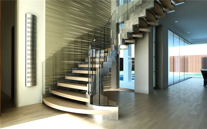 Double Stringer Trappsteg Carbon Steel Beam Staircase With Solid Wood Tread And Tempered Glass Stairs