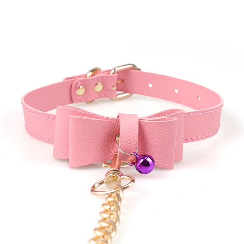 Aimitoy Pink Pu Leather Collars Bondage Sex Toys Fetish Collar Cute Bow Tie With Bell Leash For