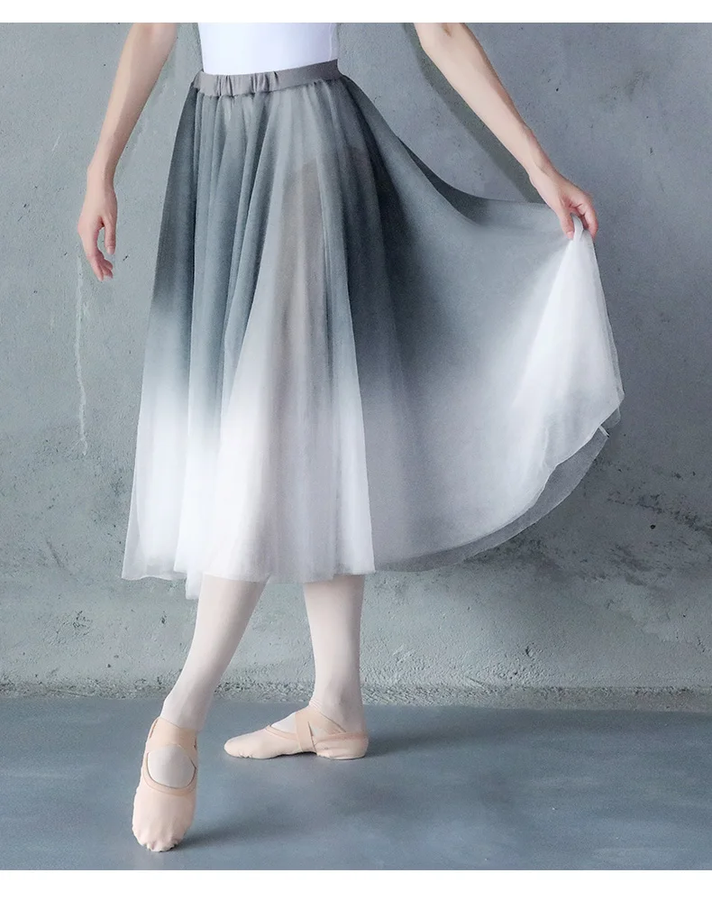 Women Long Chiffon Ballet Skirts Adults Soft Gradient Gray Ballet Dress Dance Costumes Stage 