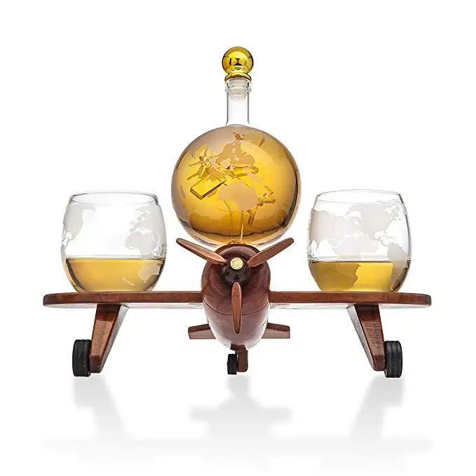 Whiskey Decanter Airplane Globe Set With 2 World Whisky Glasses For Liquor Scotch Bourbon Vodka 0918