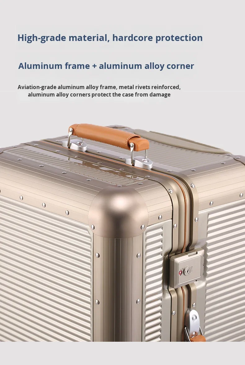 High-end New Design PC Aluminum Frame Suitcase Spinner Trolley Case 28 in Luggage Anti-drop Travel Case TSA Lock Leather Handle supplier