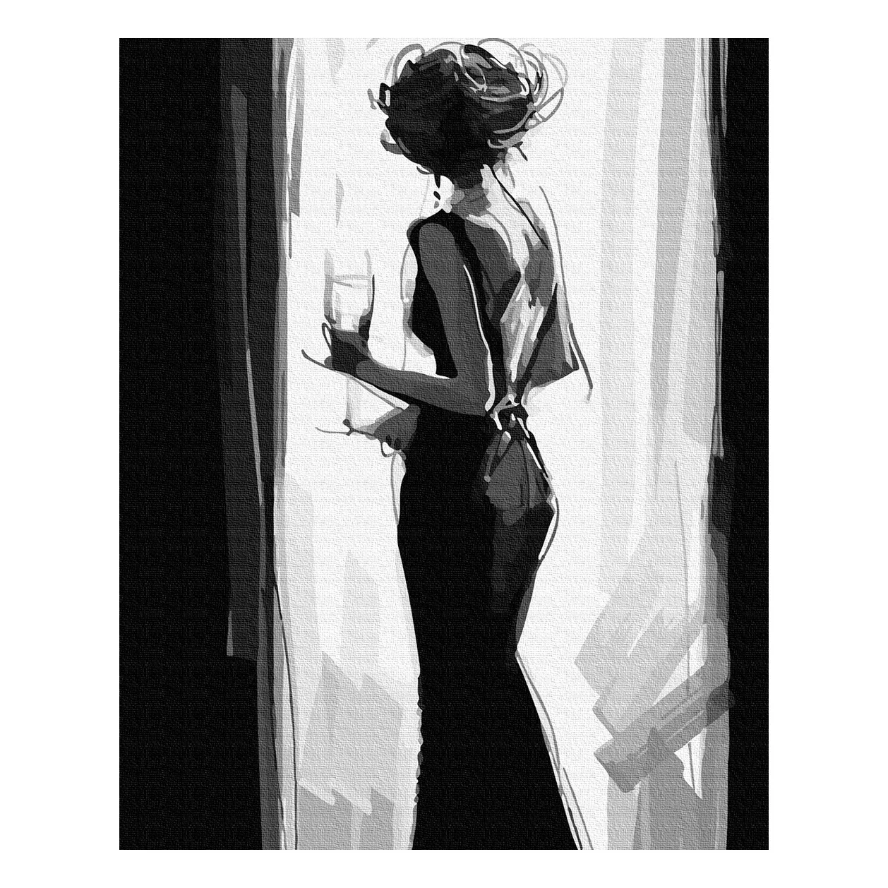 Женщина спиной рисунок. Элегантная женщина со спины. Картина девушка в черном платье. Силуэт девушки в платье.