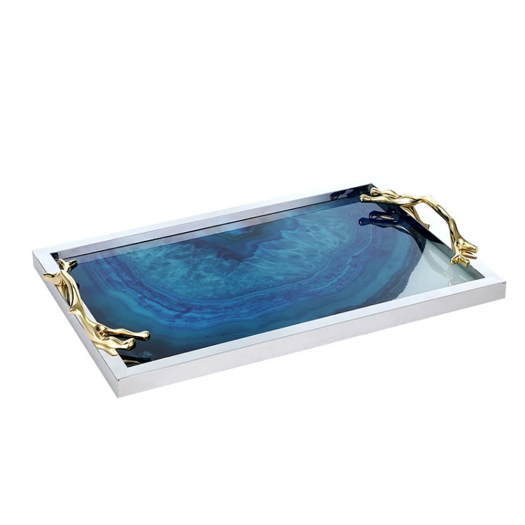 Modern table decoration handle tray gold iron blue agate glass servuing tray