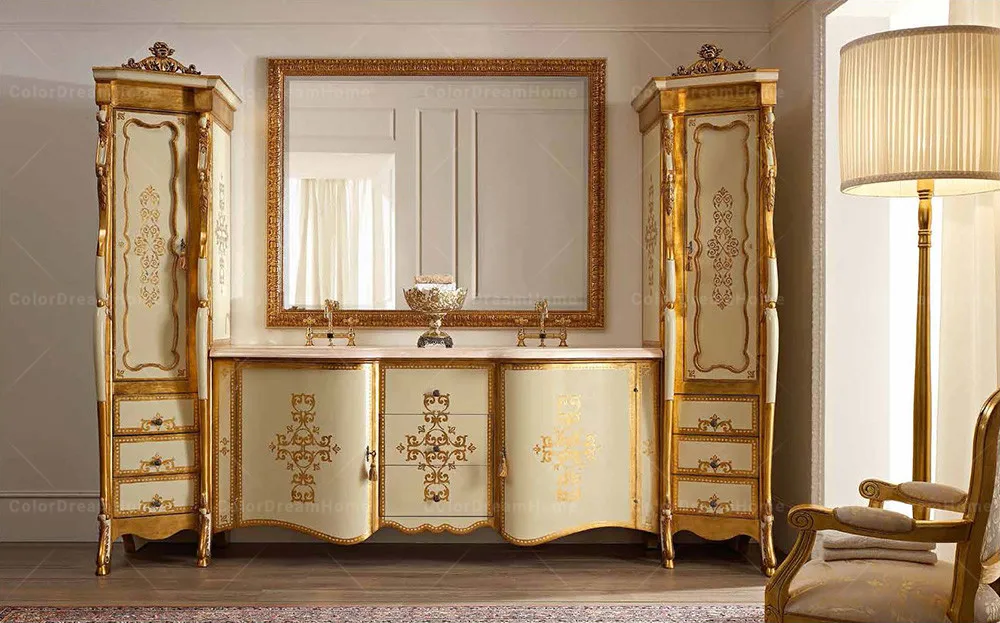 Rococo Furniture Luxury Golden Single Sink Bathroom Vanity Marble Top