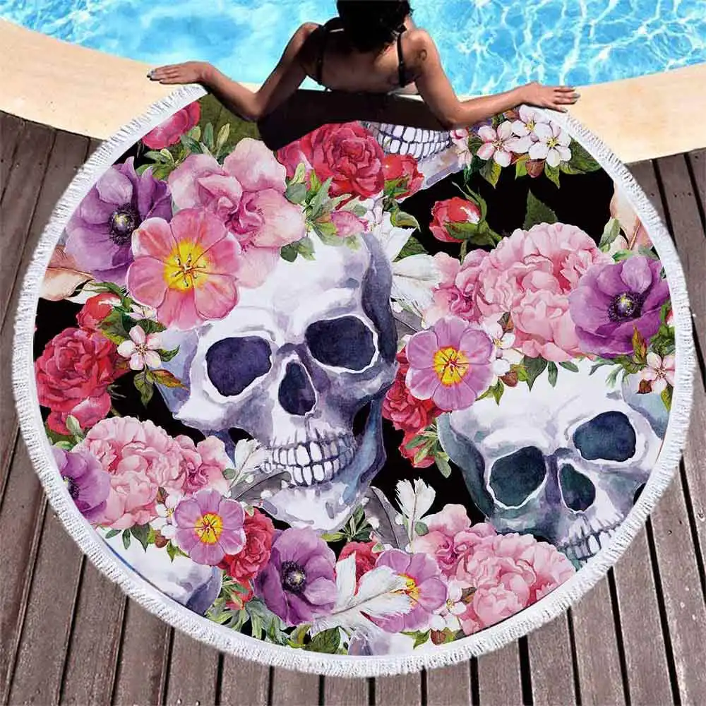 skull rose round beach towel