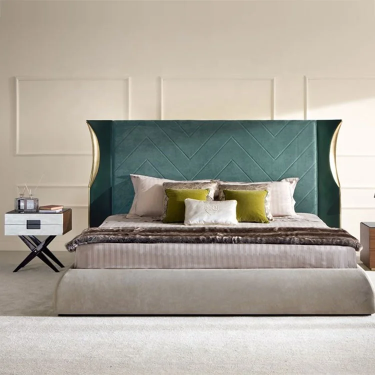 2019 Light luxury bedroom furniture double bed in green king size or queen size bed with nightstand