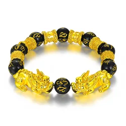 Trendy Gold Plated Charm Buddha Mantra Good Lucky Fortune Wealth Black Obsidian Beads Women Men Piyao Feng Shui Pixiu Bracelet