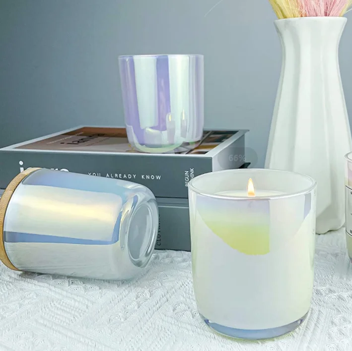 Iridescent Holographic Round Bottom Glass Candle Jar With Wood Lids ...