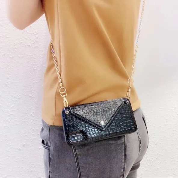 Leather Wallet Crossbody Necklace Chain Mobile Phone Case Cover With