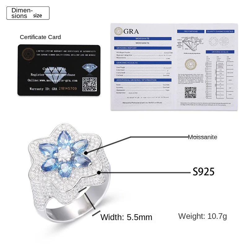 S925 Silver Moissanite Ring for Men Flower Shape with Super Flash Diamond Hip-Hop Style All-Match Natural Diamond Ring
