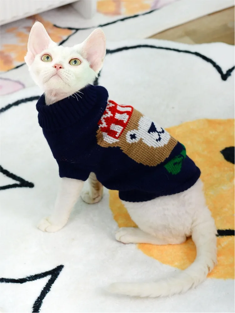 Luxury Cat Sweater Hairless Male Cat Winter Warm Costume Acrylic Christmas Print Cartoon Design Pet Apparel