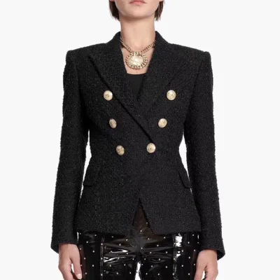 Autumn long sleeve tweed jacket classic elegant golden lion button suit black blazer women jacket for office lady formal wear