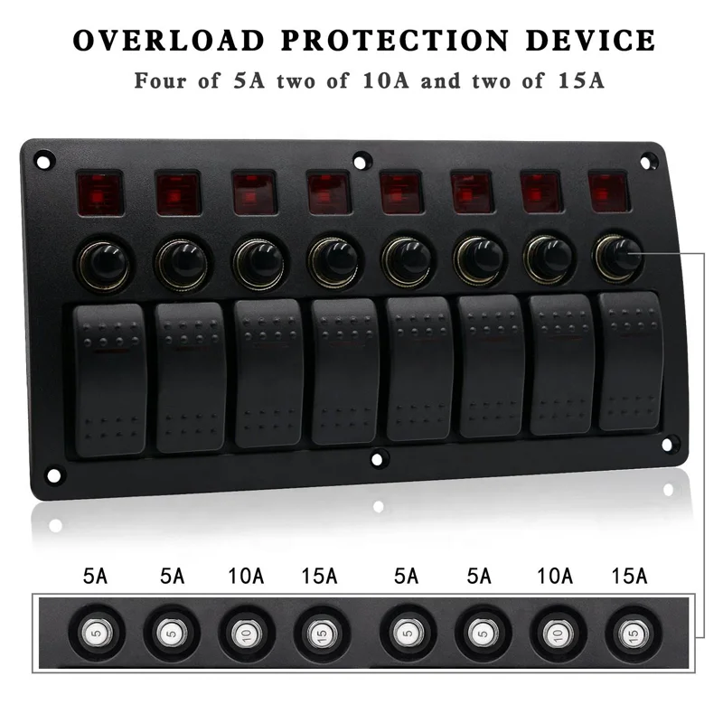 8 Gang Boat Car Rocker Switch Panel 12v Aluminum Panel Waterproof ...
