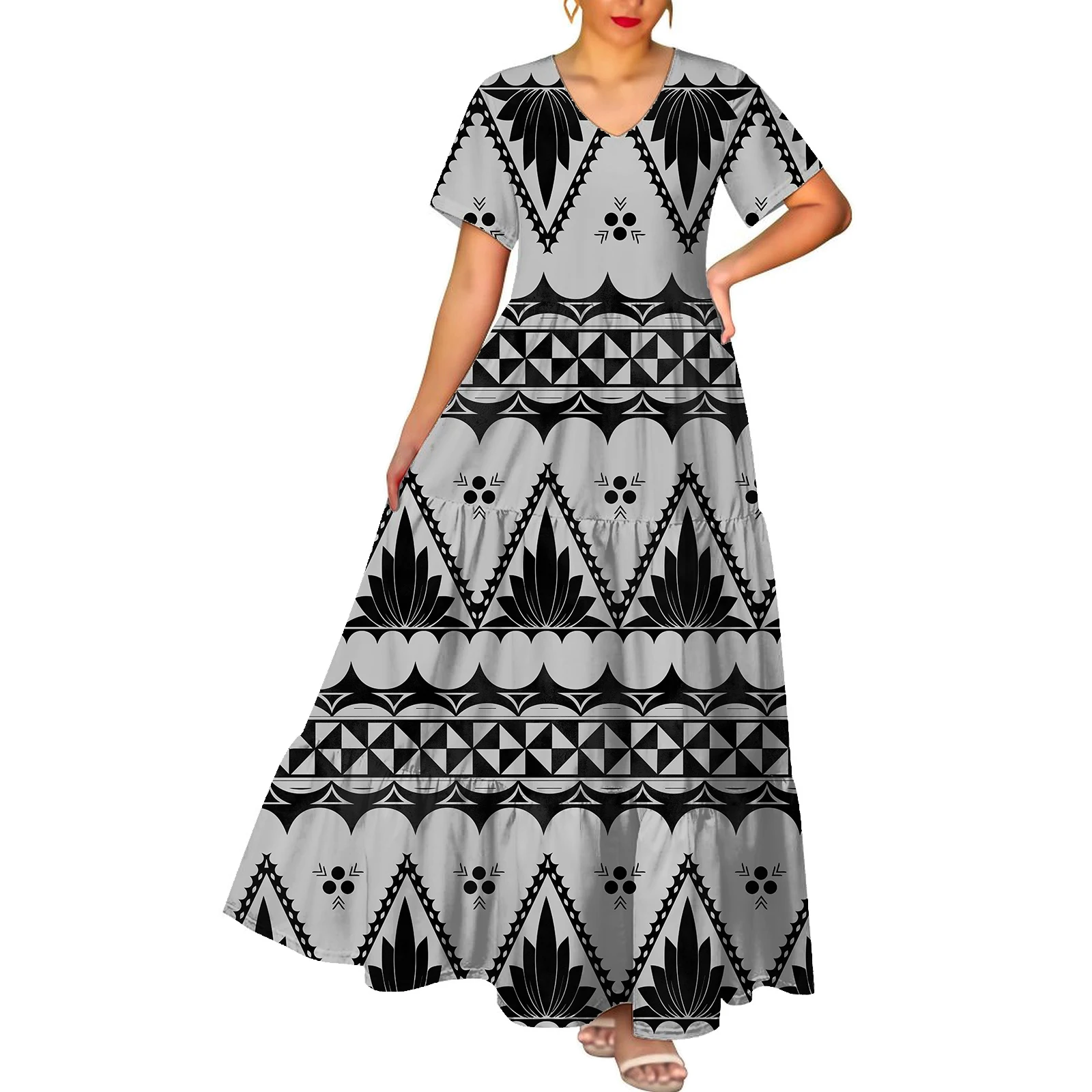 1 MOQ Drop Shipping Fiji Tribal Design Custom Fashion Trendy Casual Woman V-Neck Short-Sleeved Cake Dress