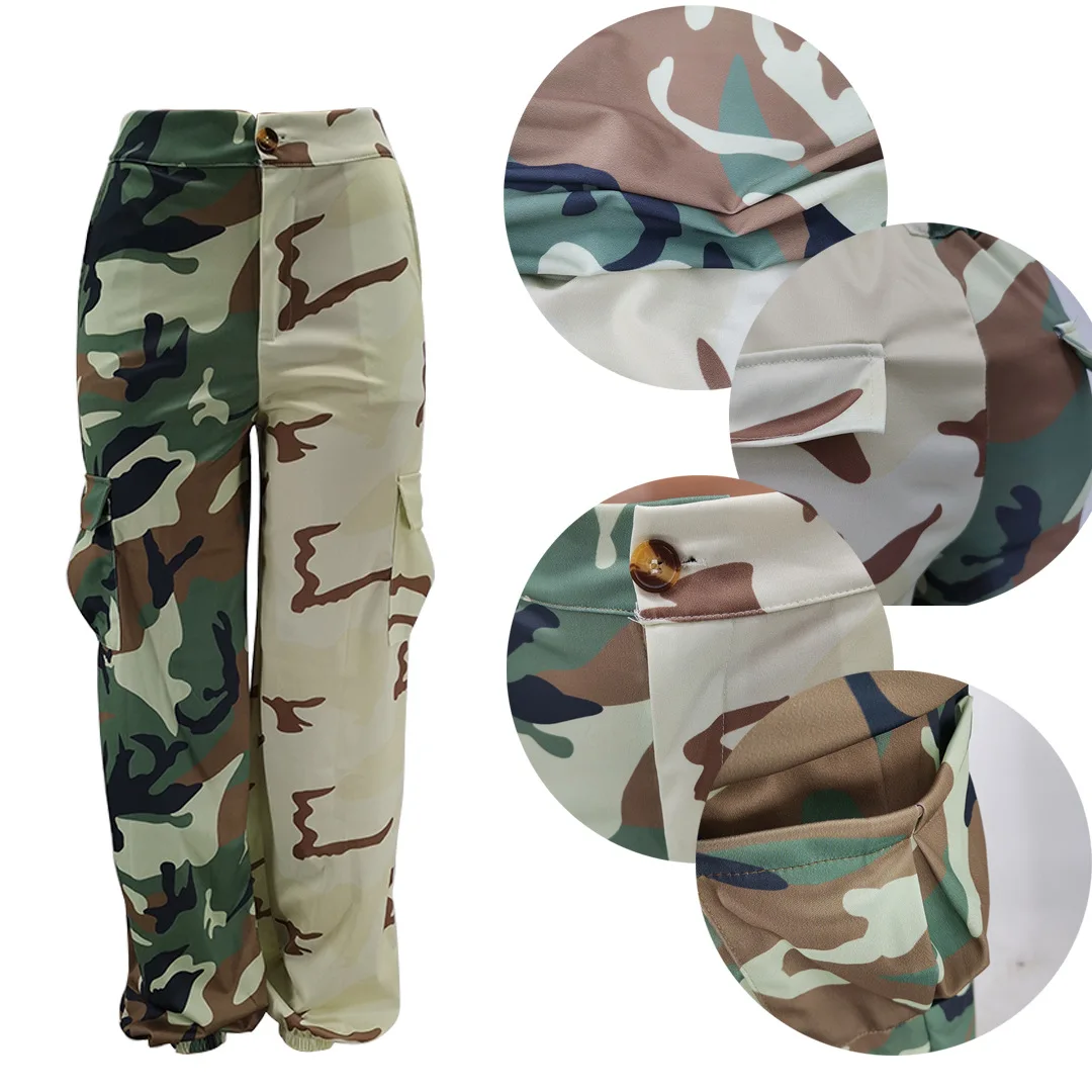 Hot Style Wide Leg  High Waist Woman Big Pocket Casual Military Trousers  Cargo Camouflage Pants