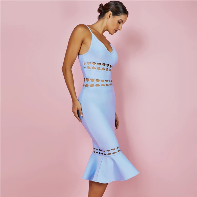 Fashion Summer Women Blue Strappy Sleeveless Over Knee Hollow Out Mermaid Bandage Dress