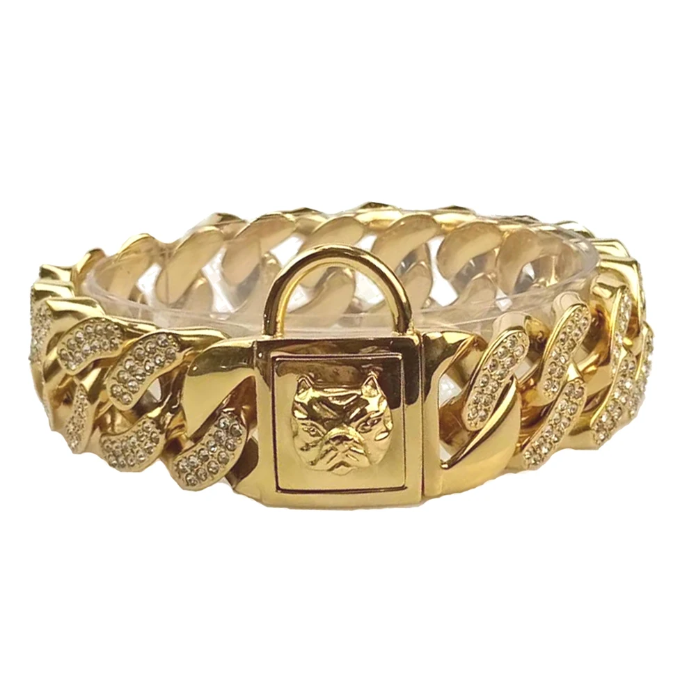 Luxury Gold Tone Cut Curb Cuban Link Inlaid Rhinestone 316l Stainless