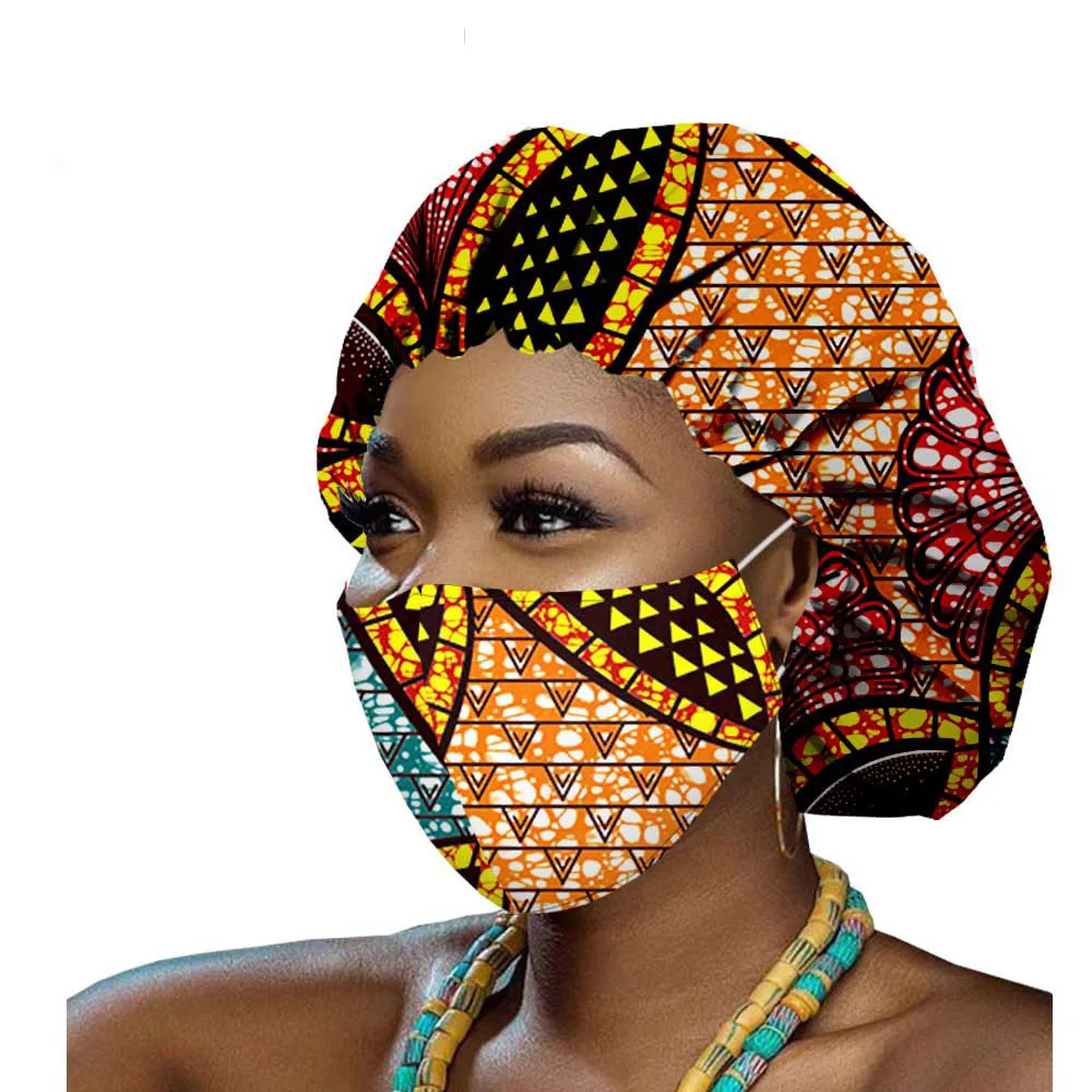 非洲kitenge棉女士非洲面料帽子与ma sks和耳环装饰非洲印花帽子帽