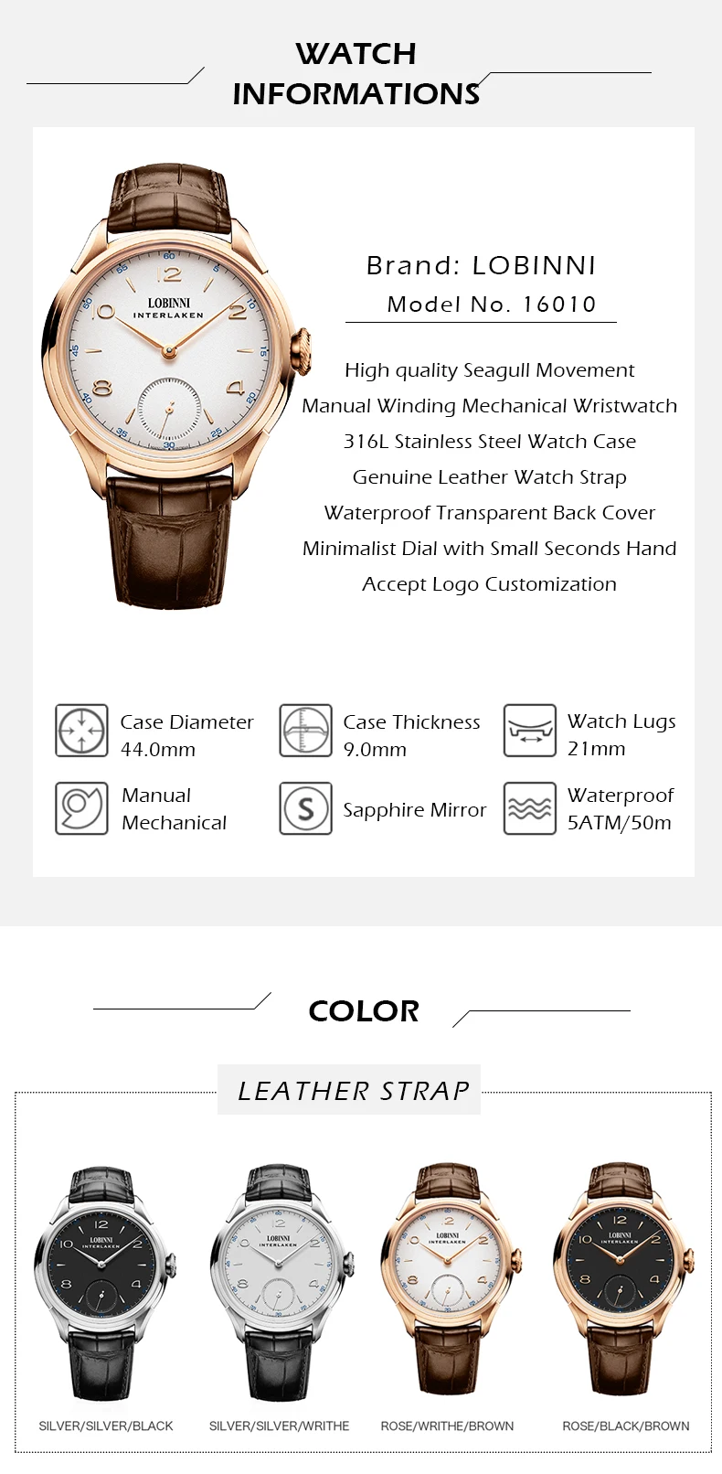 Lobinni 16010 Simple Style Watches Wrist Luxury Manual Seagull Movement ...