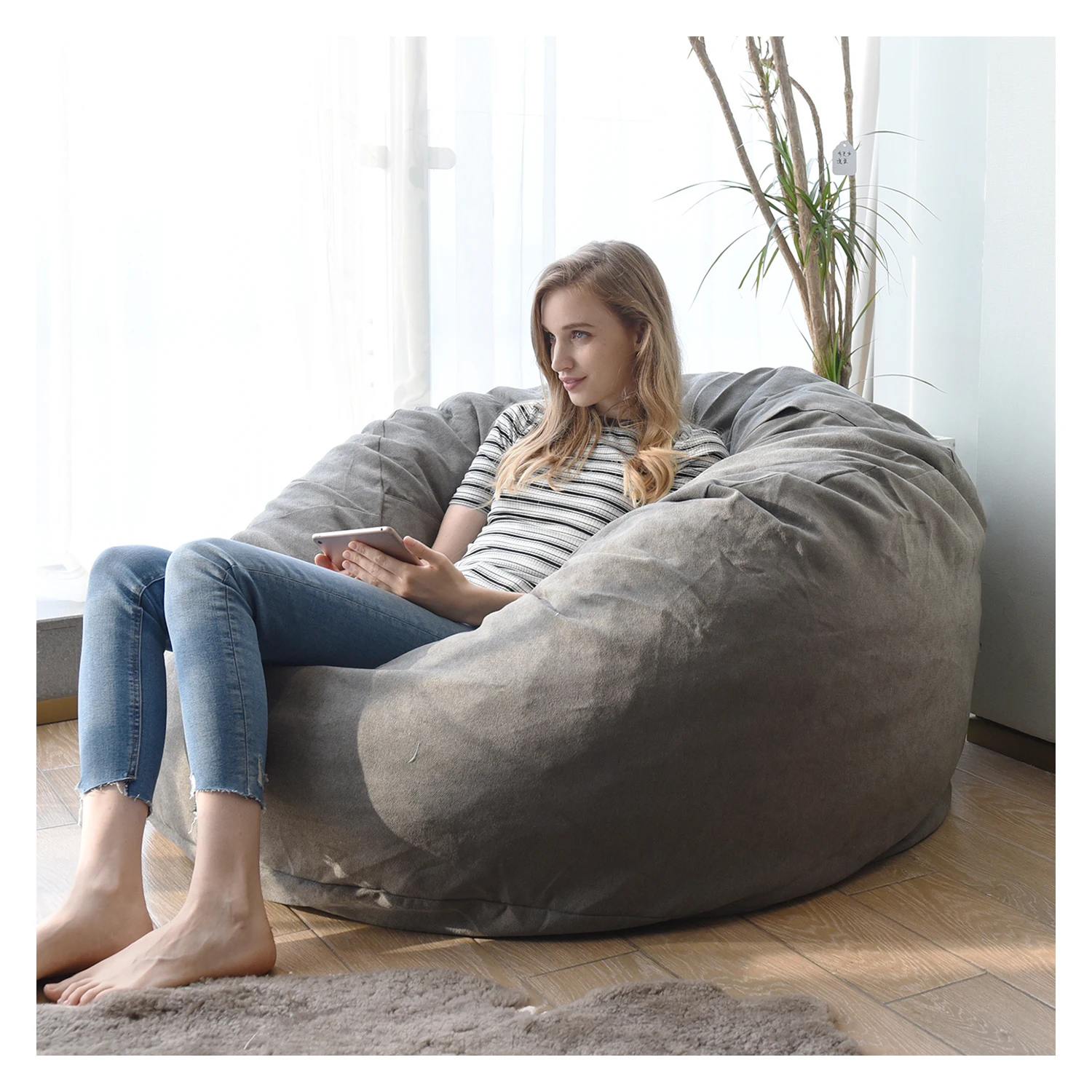 YJ OverSize Beanbag Bed For Adults Giant Puff Bean Bag Chairs Elastic Crushed Sponge Fur Living Room Chair XXL 5FT