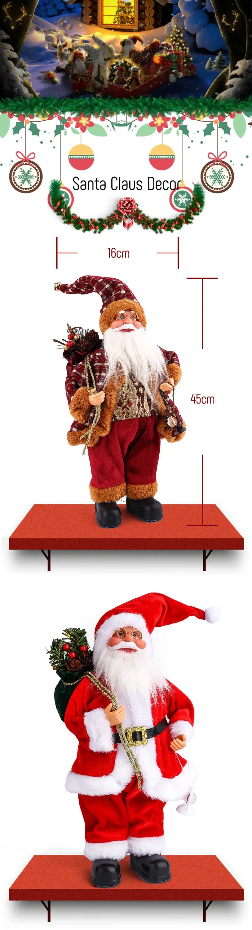 Best Gift 14In Red Holiday Party Home Decoration Santa Claus Christmas Figurine Figure Decor with Christmas Sock and Gifts Bag