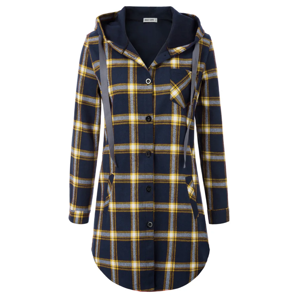 gk 女装休闲网格图案长袖弧形下摆连帽外套上衣 claf0432