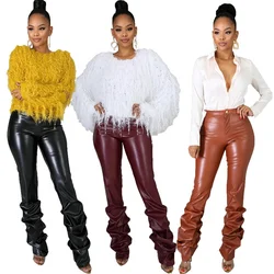 Fashion Casual Fall Clothing Ruched Trousers Jogger Leggings Women PU Stacked Leather Pants