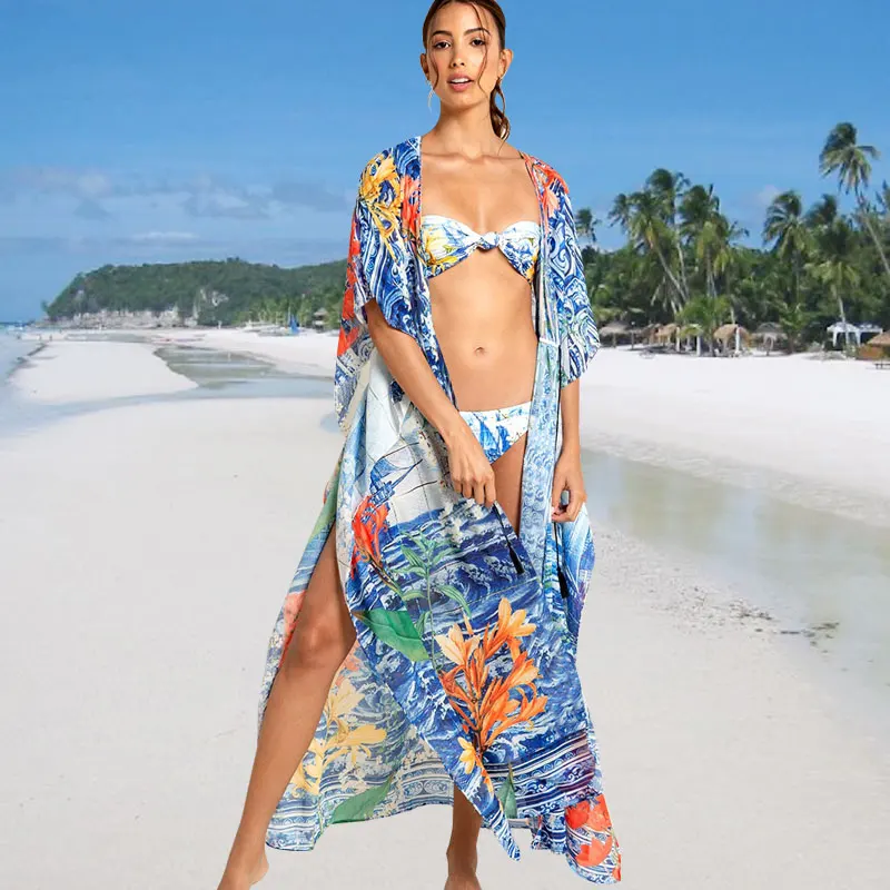 
Summer Sea Sail Print Long Kimono Split Cardigan Sun Protective Beach Cover Up 