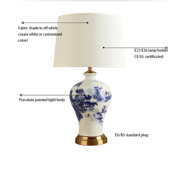 Factory supply Modern blue and white porcelain ceramics body fabric shade table lamp for Home use