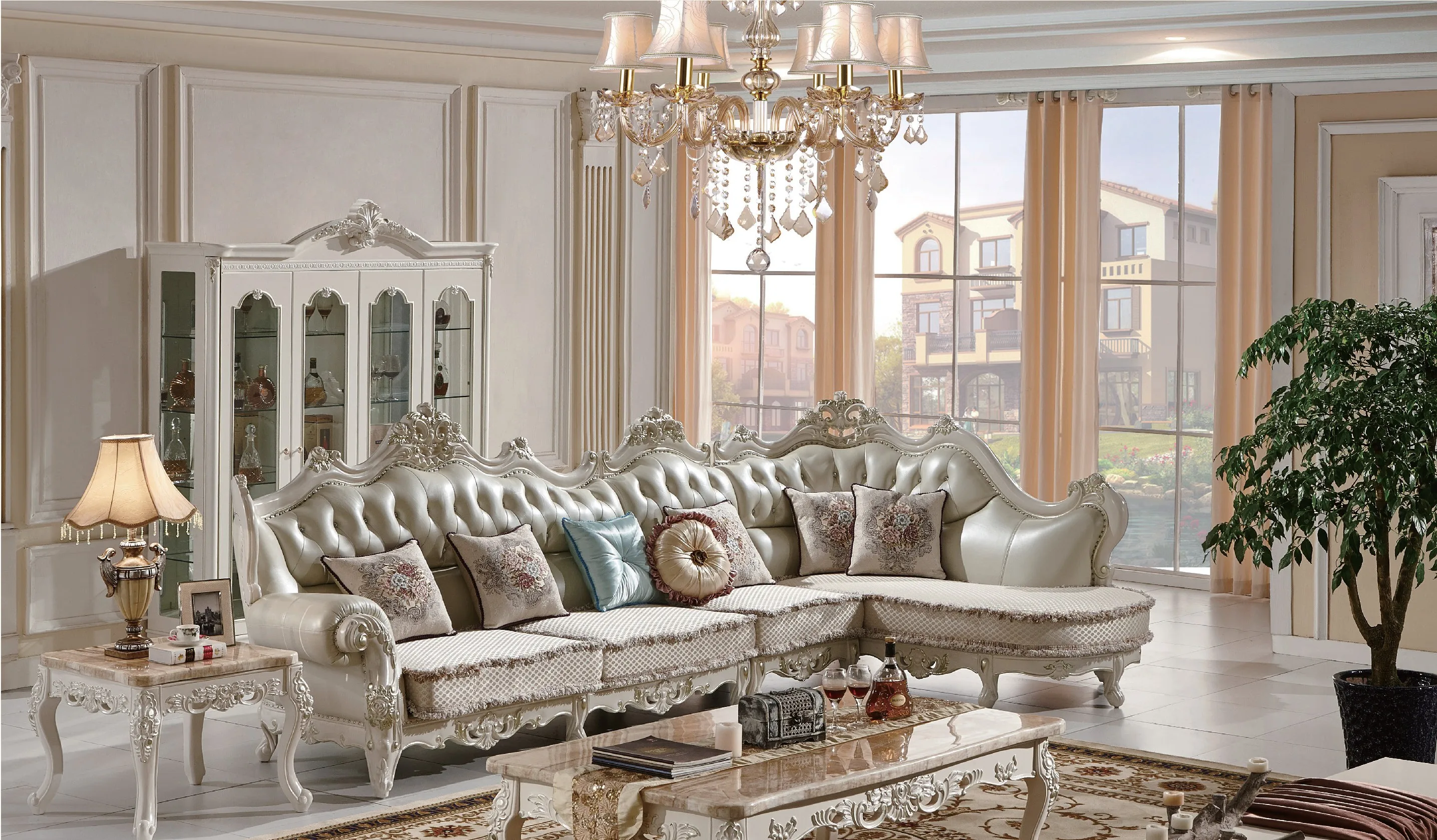 香槟金色/白色经典豪华l型沙发套装客厅真皮实木框架沙发 - buy sofas