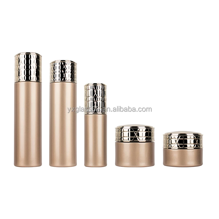 Luxury cosmetics packaging glass bottle 120ml 100ml 40ml with pump 50g 30g with gold special design lid manufacture