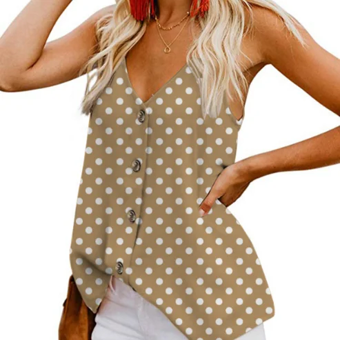 
European And American Sexy Casual Button Up Polka Dot Printed T-Shirt 