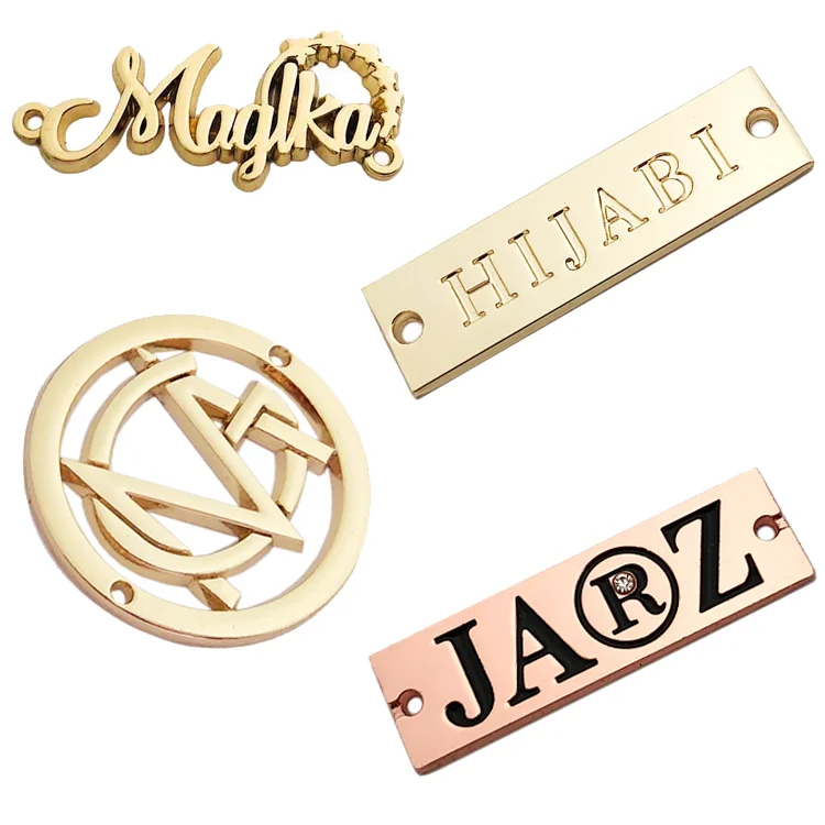 Quan zhou engraved brand logo custom sewing 2 hole metal label tag plate for clothing