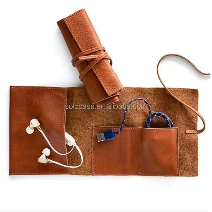 Leather Electronics Organizer Roll Bag