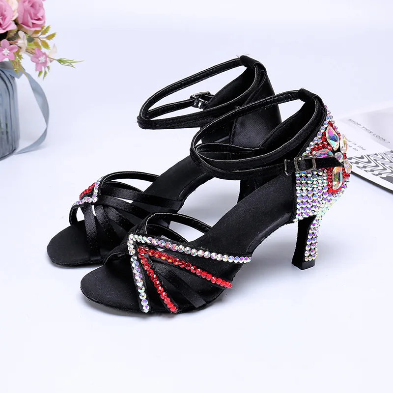 Satin Upper  Rhinestone Ppper Heel 7.5cm Ballroom Shoes Ladies Latin Dance Shoes 