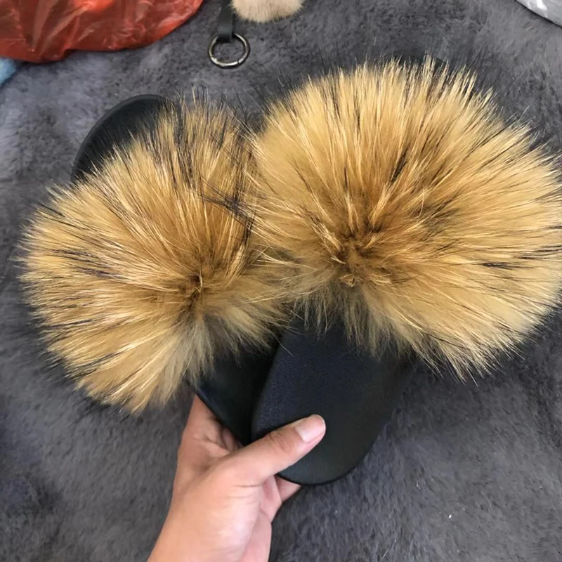 
China manufacture High Quality Furry Women raccoon fur slipper Slippers rainbow sandals fur slides 