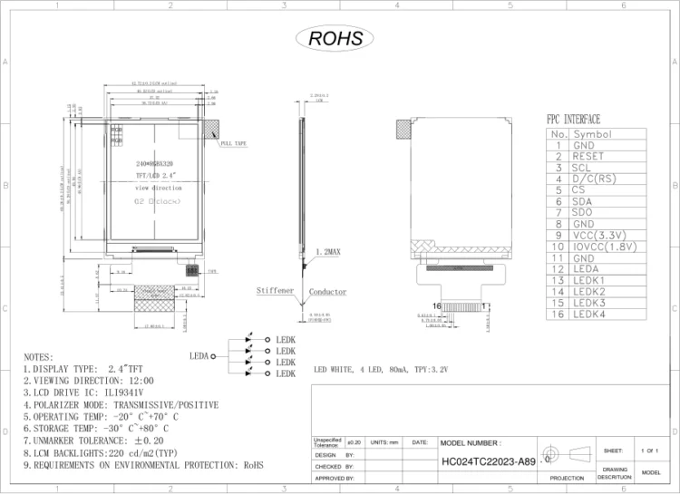 2.4 Inch TFT LCD Display with 220nits Luminance 500:1 Contrast Ratio and 6 O'Clock Viewing Direction
