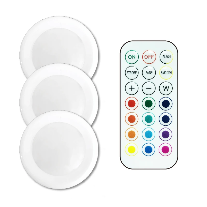 3AAA Batteries Powered Tap On RGB Puck Under Cabinet Light with Remote Control