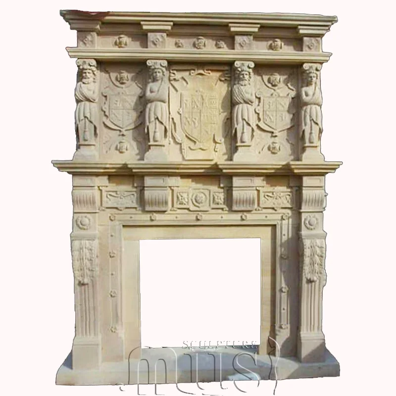 Antique European Style Large Men And Women Beige Marble Fireplace