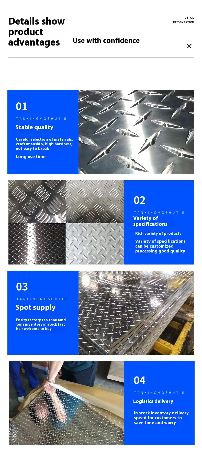 1060 3003 5052 6061 Pattern Durable Metal Products Non-Slip Five-Rib 5052 6061 Aluminum Alloy Plate