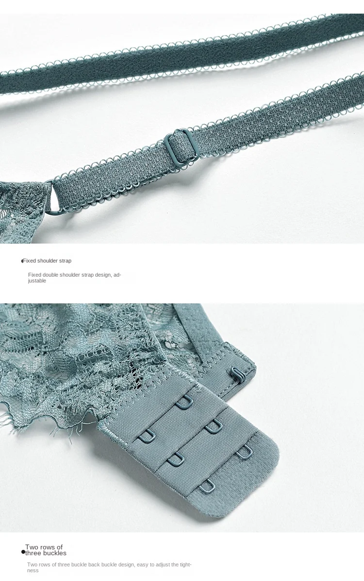 Women's Sexy Lace Thin Transparent Bra Set Large Size Wire-Free Support Adjusted Straps Breathable Solid Pattern Waist Thongs