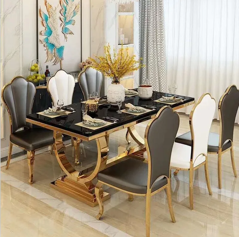 Morden Luxury Design Marble Top Dining 6 Chairs Table Set Dining Room