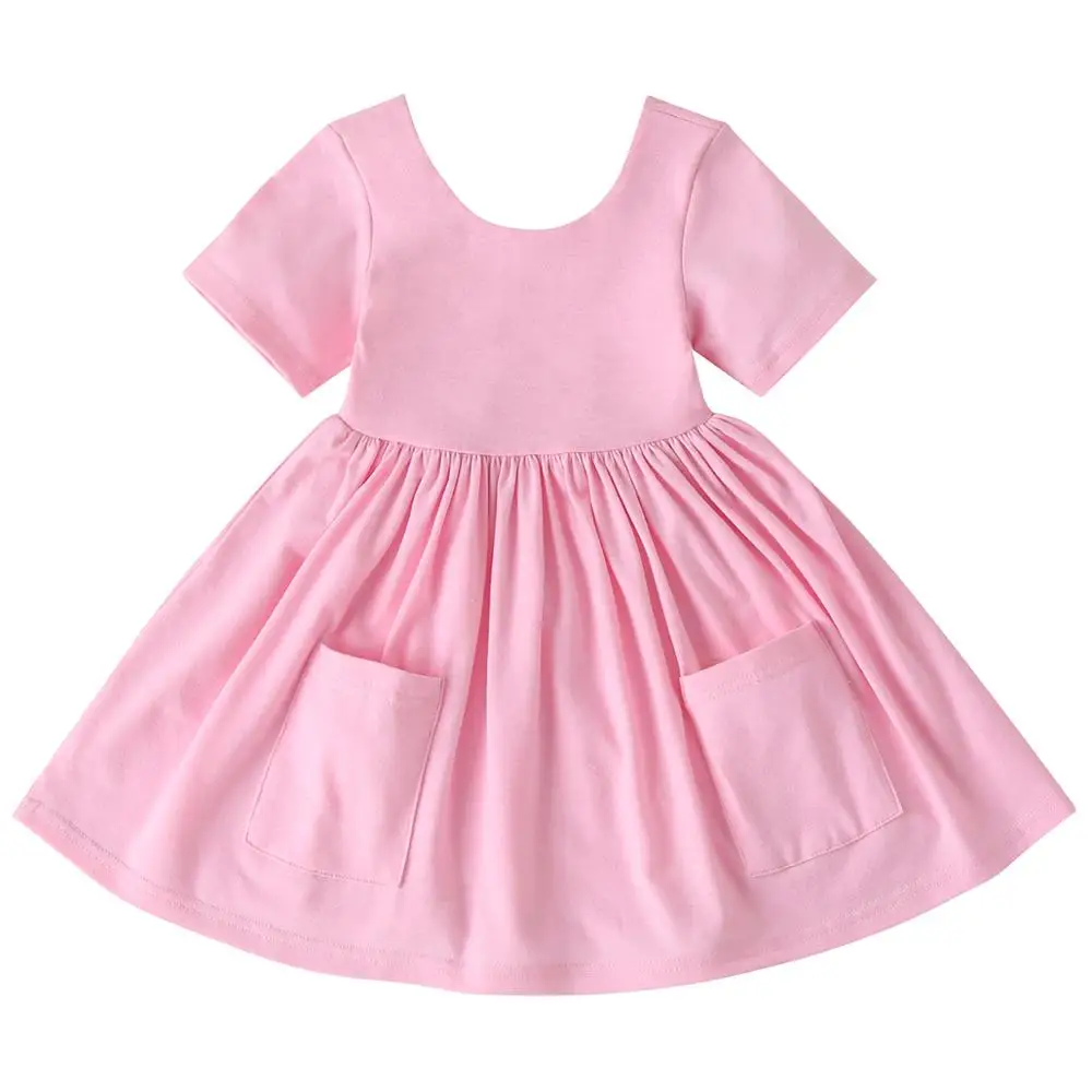 
Seamless Round Neck Front Pocket Girls Gender kids Girls Summer Twirl Dresses for Children 