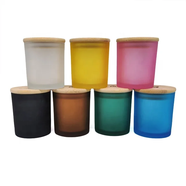 Various Color Matte Frosted Empty Candle Container Glass Jar With Wood Lid Votive Glass Candle